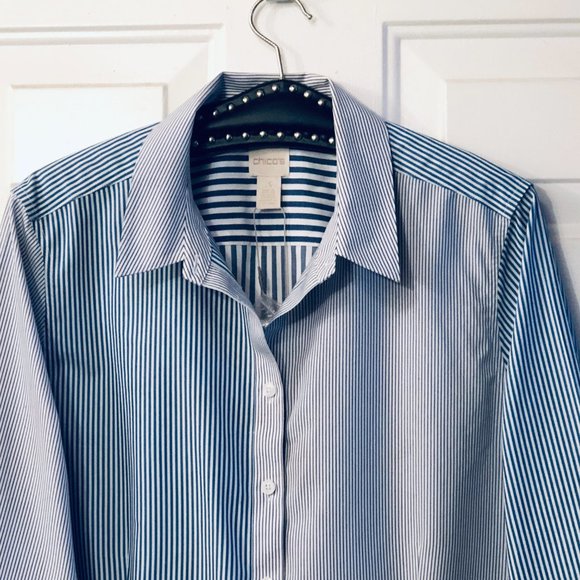 NEW Chico's No-Iron Womens Sz 3 (XL) Blouse Shirt Long Sleeve Blue/White Striped - Picture 2 of 10